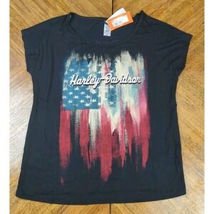 Harley Davidson Womens MEDIUM Boat Neck T-Shirt Bling American Flag Graphic